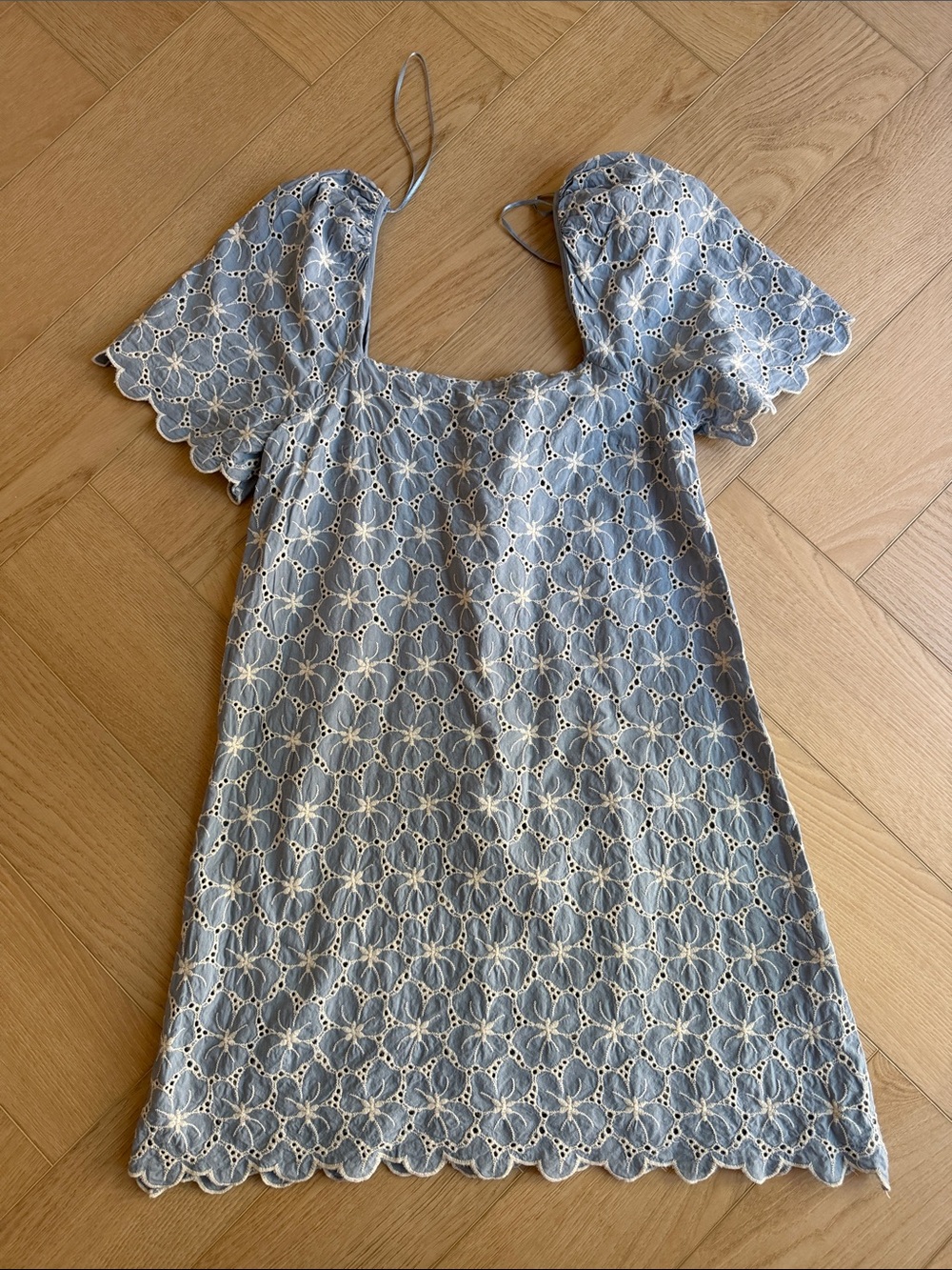 Zara Light Blue Eyelet Puff-Sleeve Mini Dress